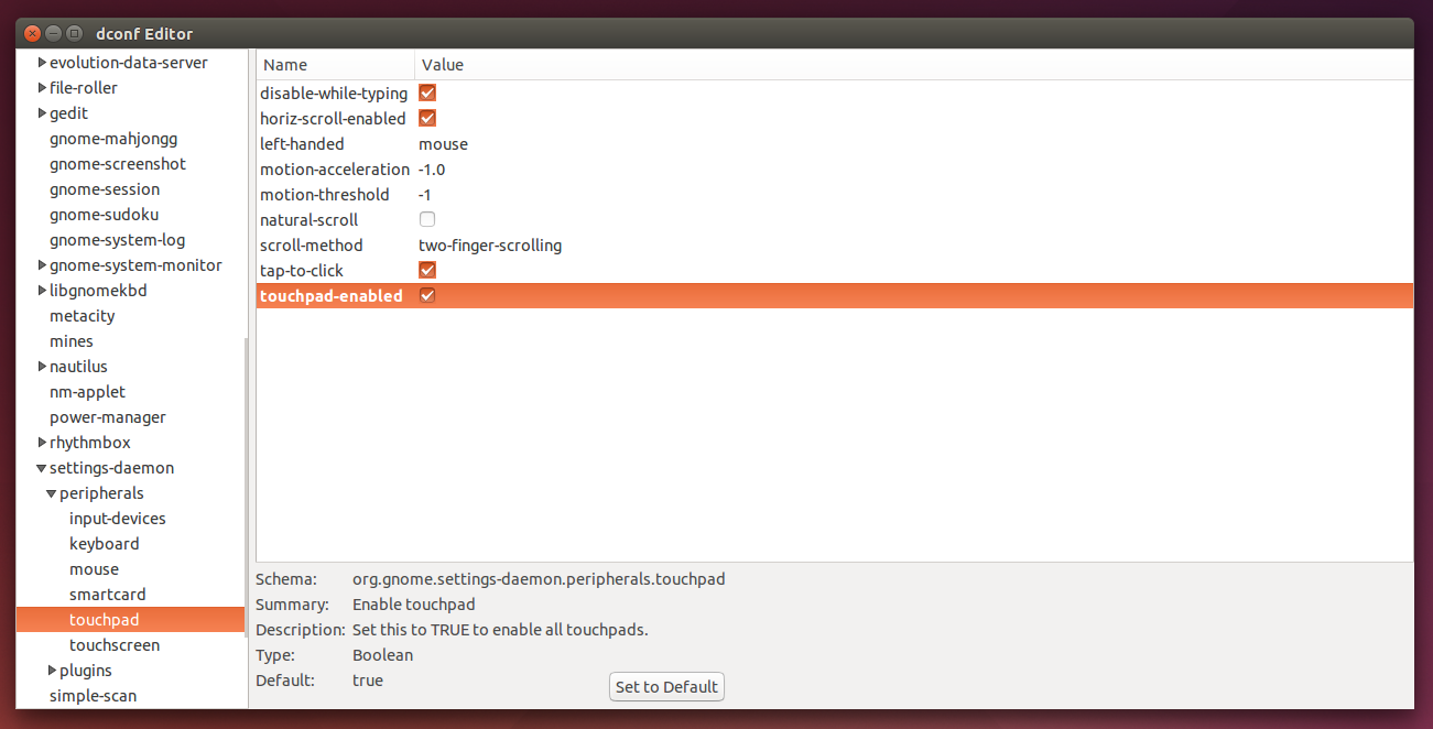 screenshot on how 17 dell to inspiron dconf both touchpad as editor. checked The enabled is listed with